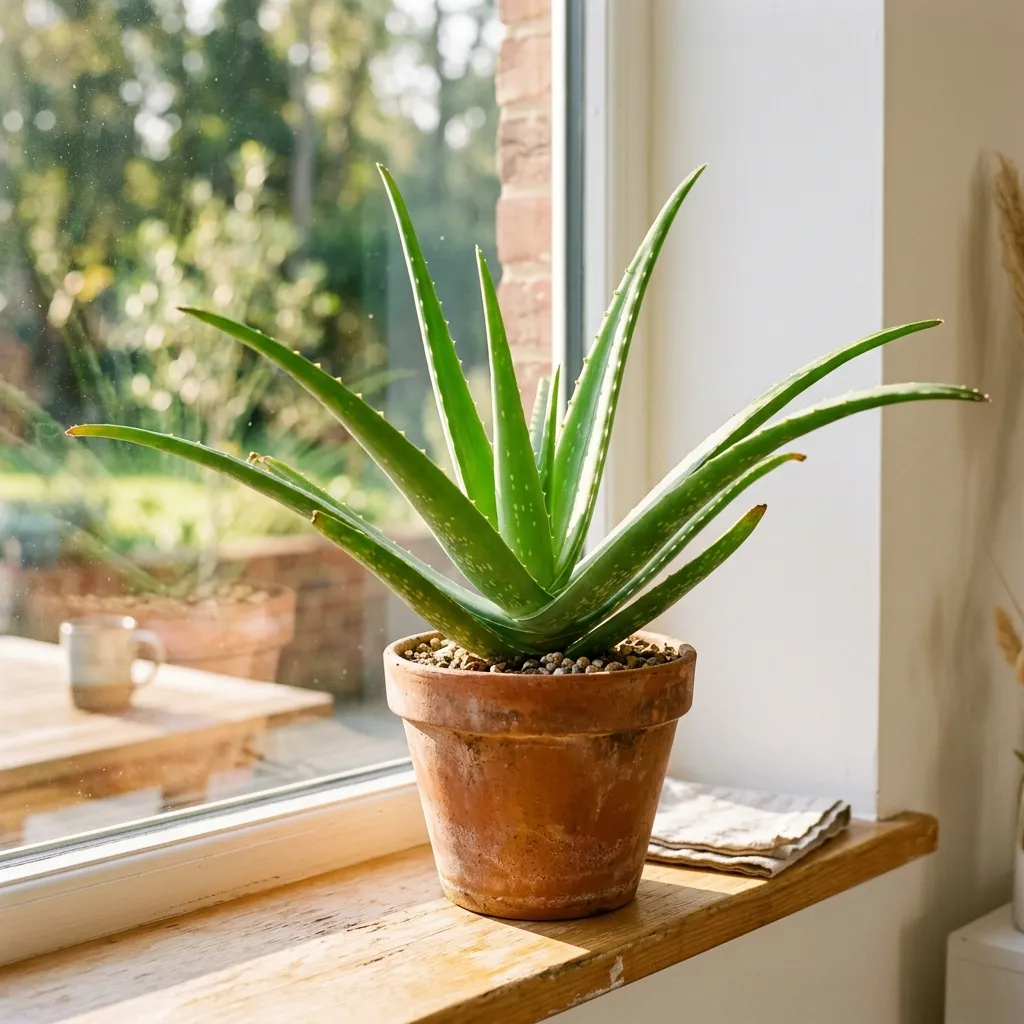 A healthy aloe vera plant with thick, upright green leaves in a terra cotta pot on a sunny windowsill