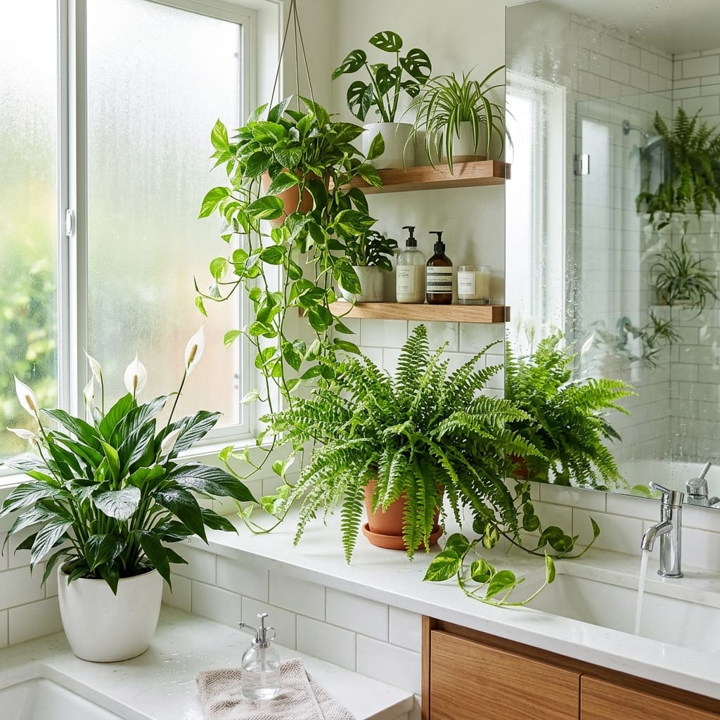 Lush tropical plants thriving in a bright modern bathroom