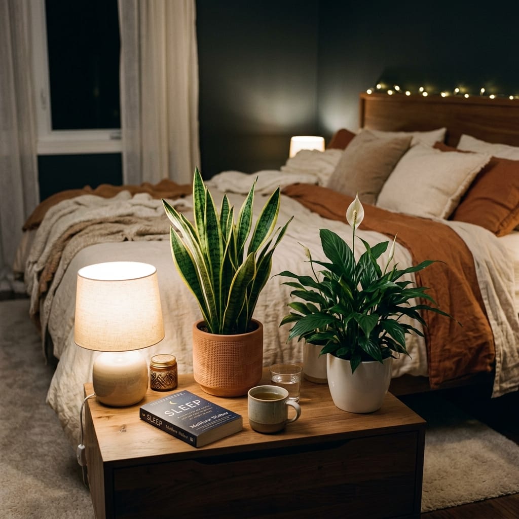 A cozy bedroom with indoor plants on the nightstand creating a serene atmosphere