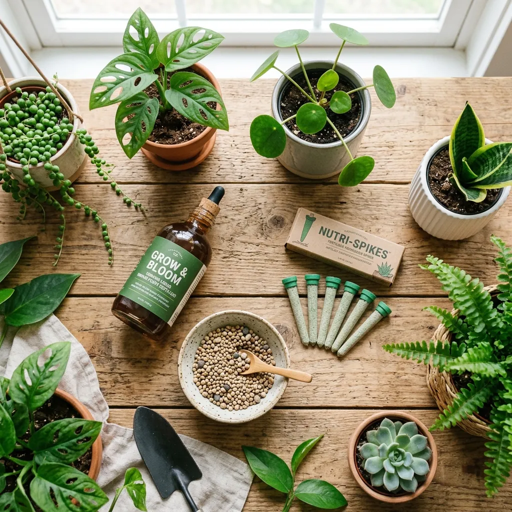 A collection of indoor plant fertilizers including liquid bottles, granular containers, and spike packages arranged on a wooden table next to healthy houseplants