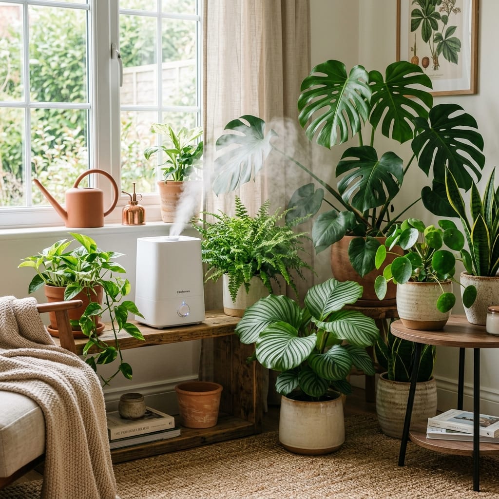Humidifier running next to indoor plants