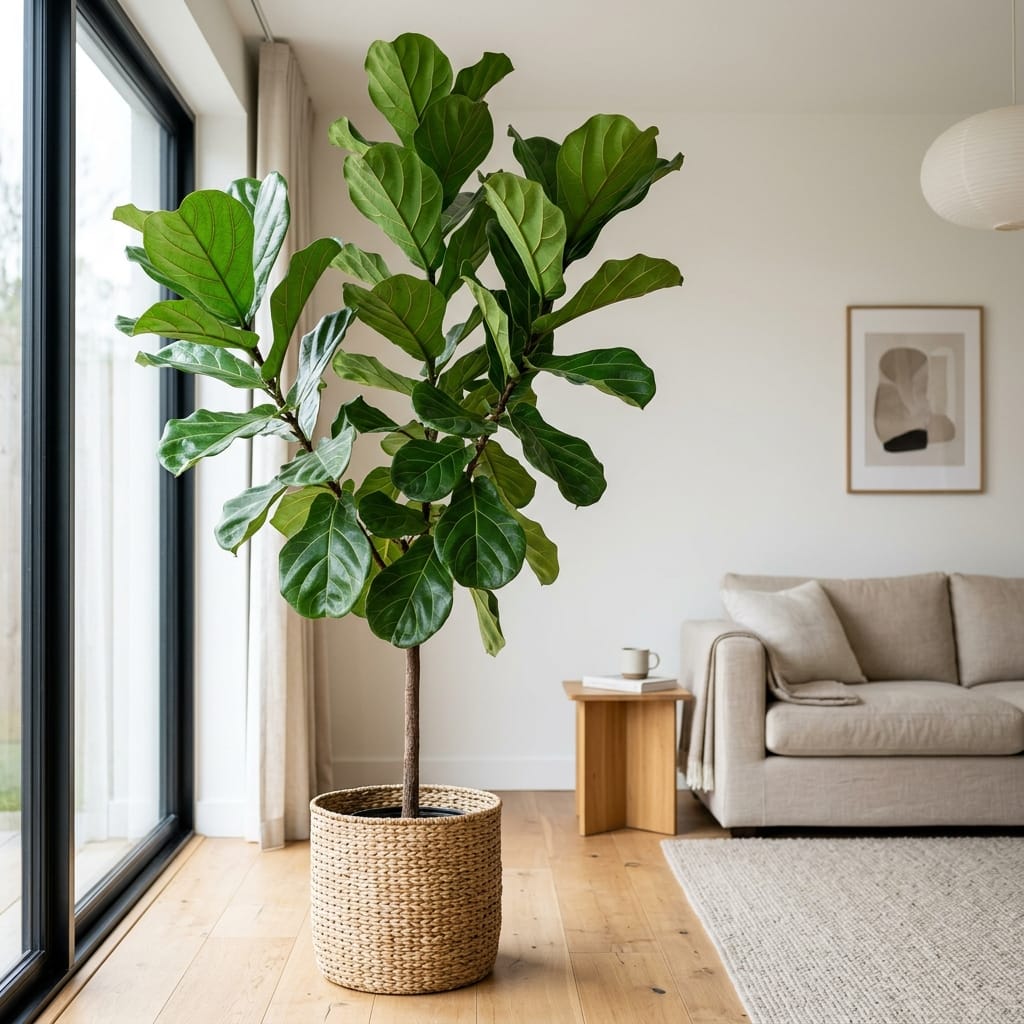 A tall healthy fiddle leaf fig with dramatic leaves in a woven basket