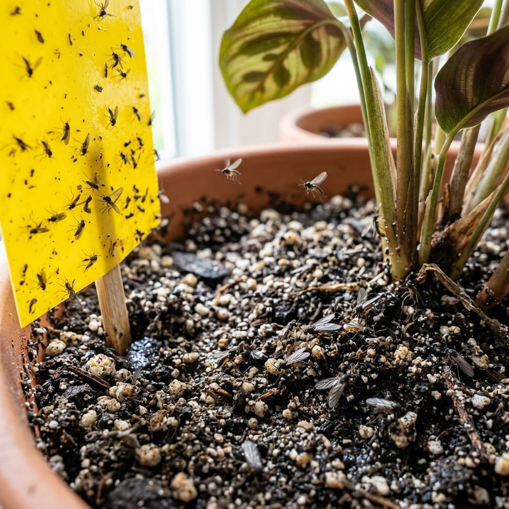 Close-up of fungus gnats near houseplant soil with yellow sticky trap