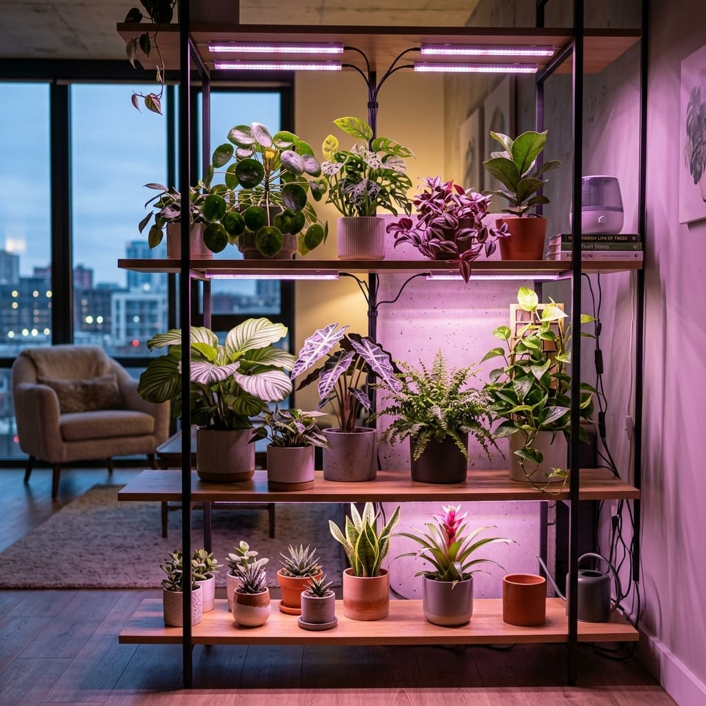 Plants growing under LED grow lights