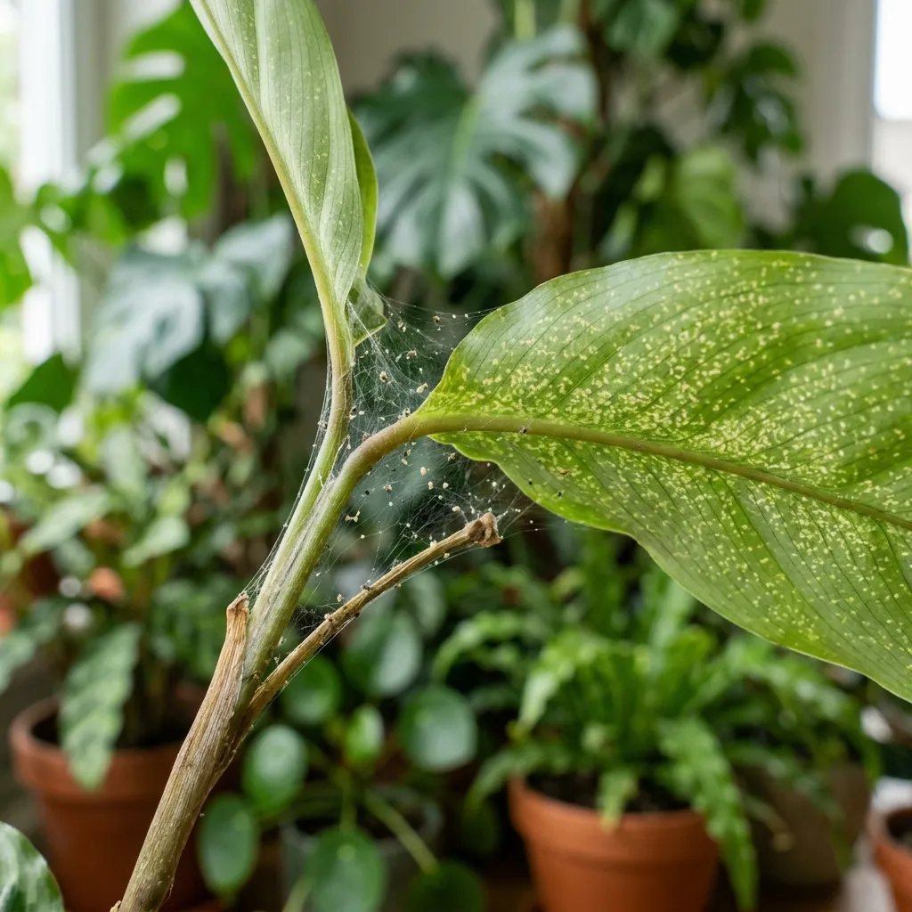Close-up of fine spider mite webbing on the underside of a houseplant leaf with tiny mites visible