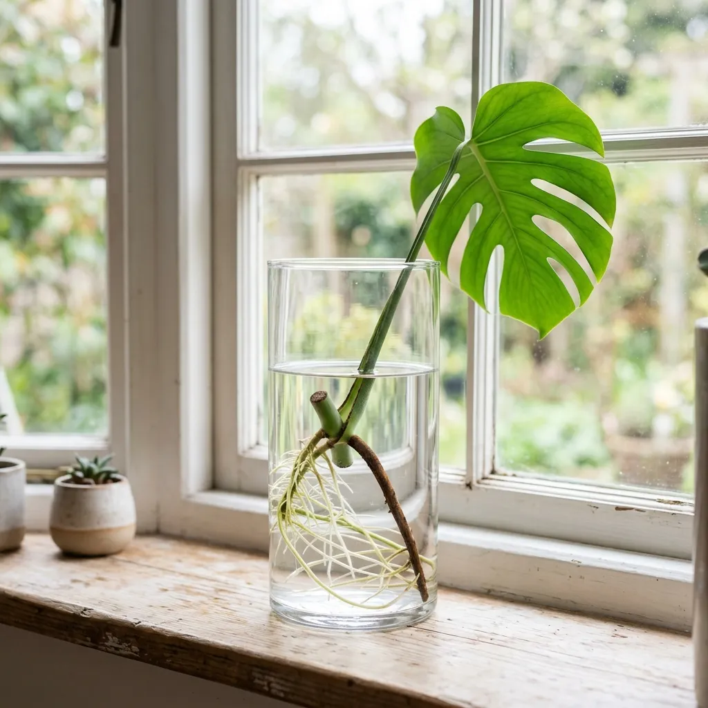 A Monstera deliciosa cutting with visible aerial root sitting in a glass propagation vessel with clear water