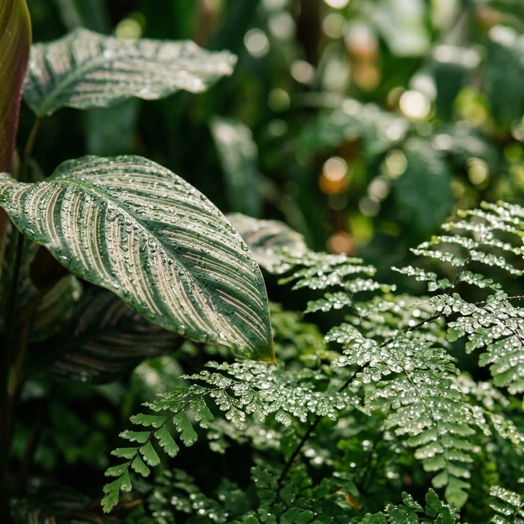 Tropical plant leaves with water droplets