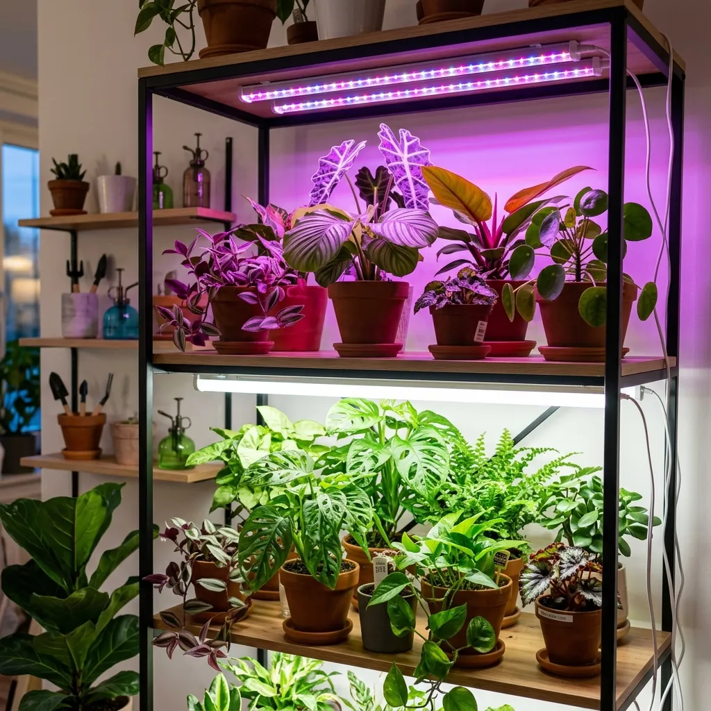 LED and fluorescent grow lights illuminating indoor plants on a shelf