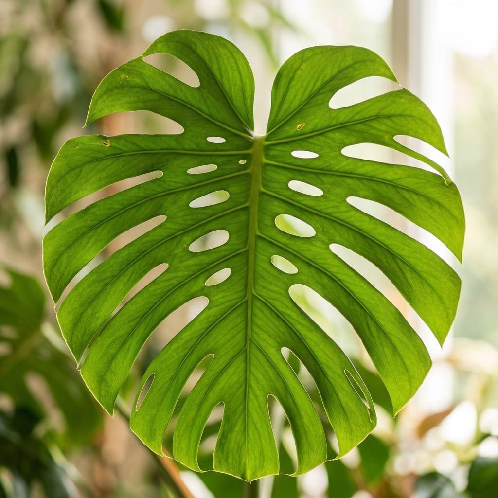 Close-up of a monstera leaf with fenestrations