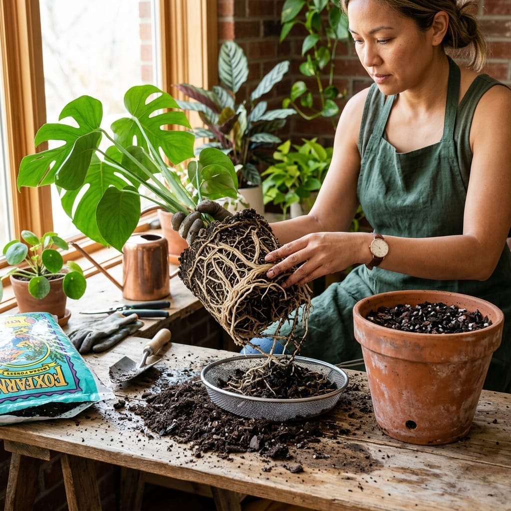 Repotting a plant with visible roots