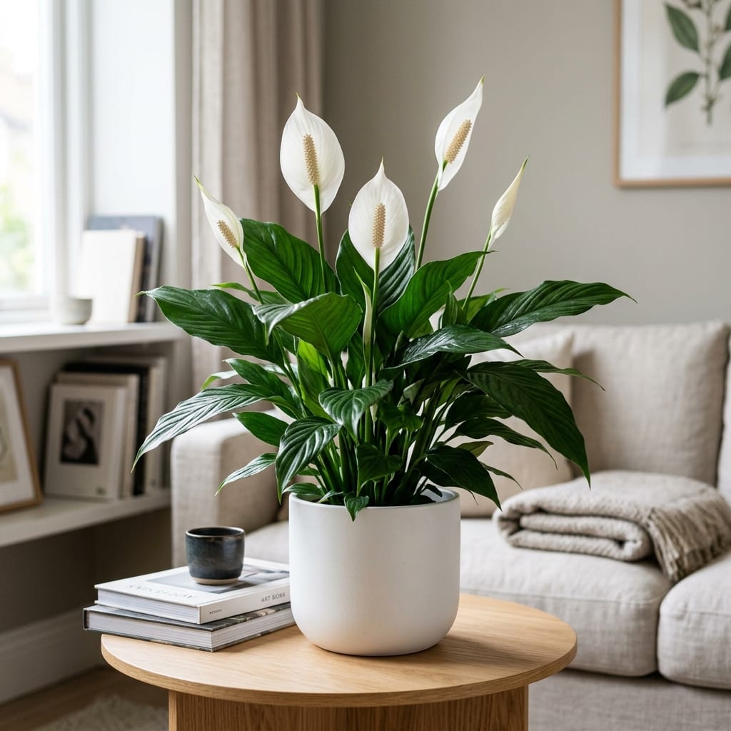 A healthy peace lily with white flowers in a white ceramic pot