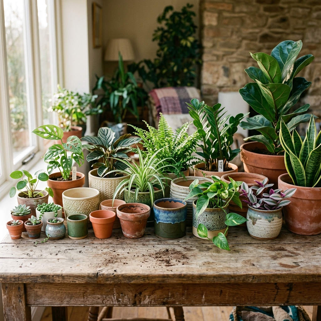 A collection of different sized plant pots arranged from small to large