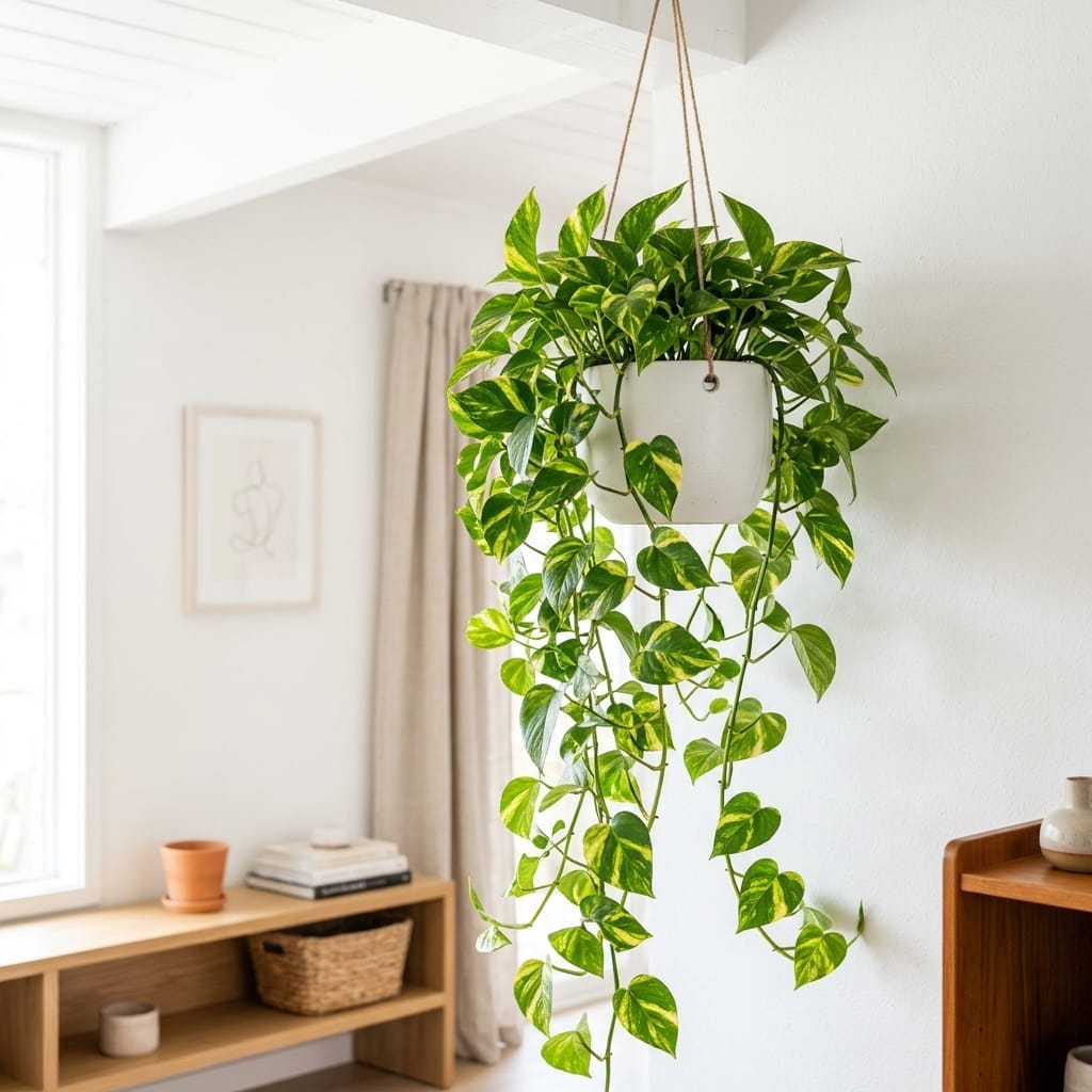 Trailing pothos plant in a hanging planter