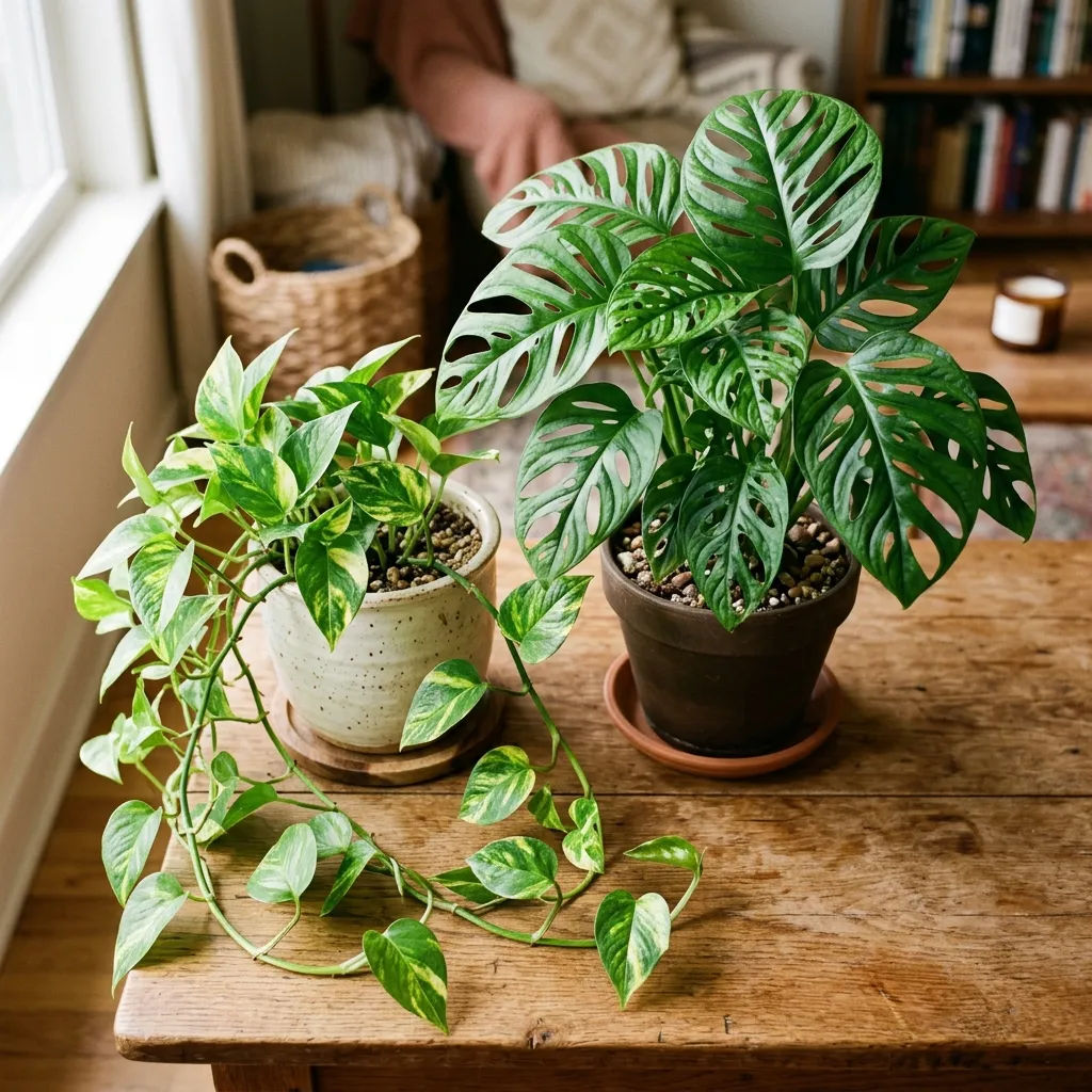 A golden pothos trailing from a shelf next to a monstera deliciosa with large fenestrated leaves