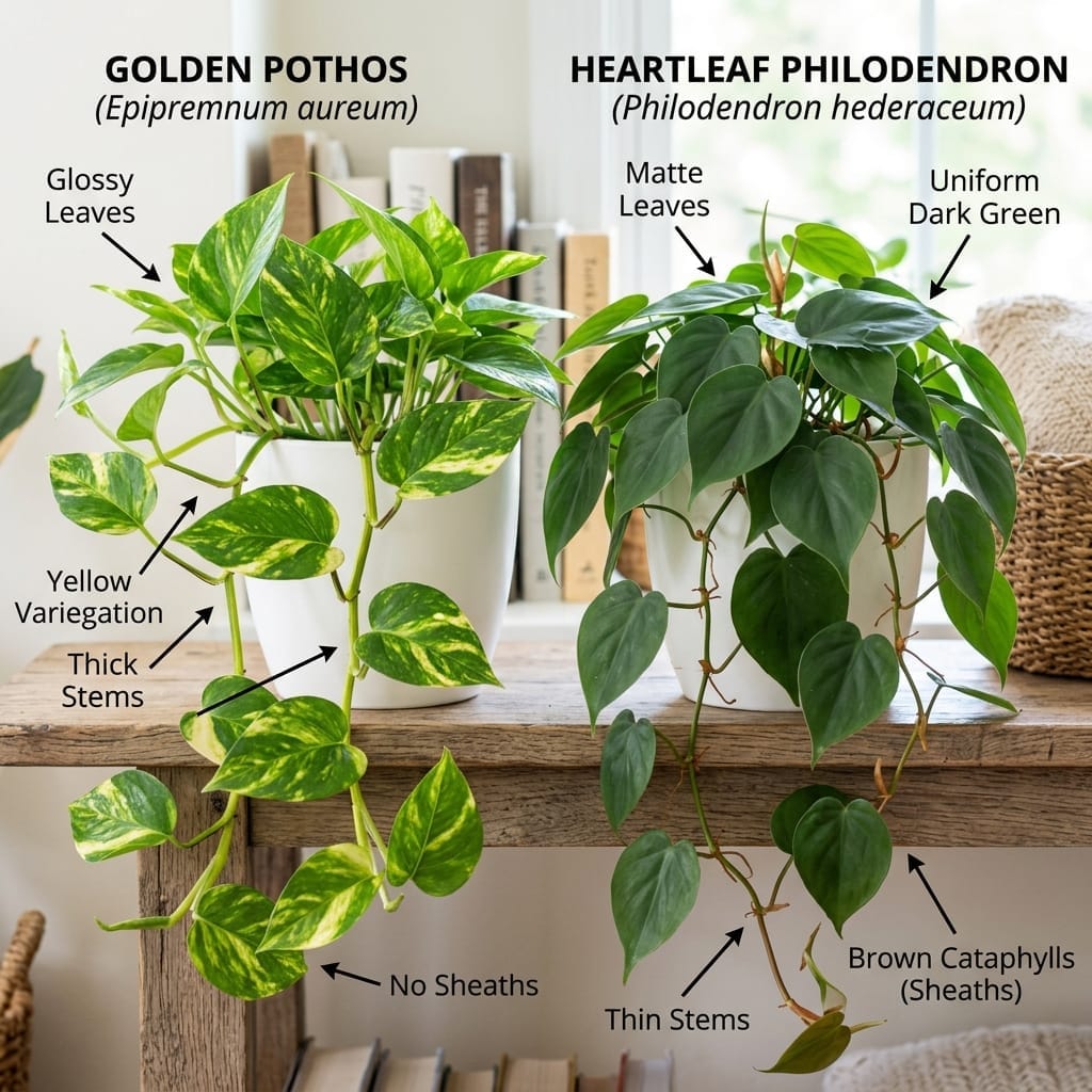 Pothos and philodendron side by side