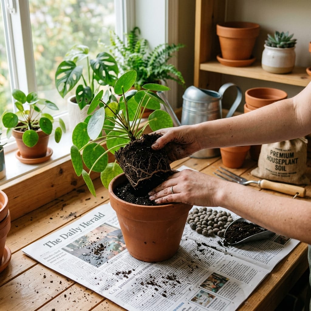 Hands repotting a houseplant