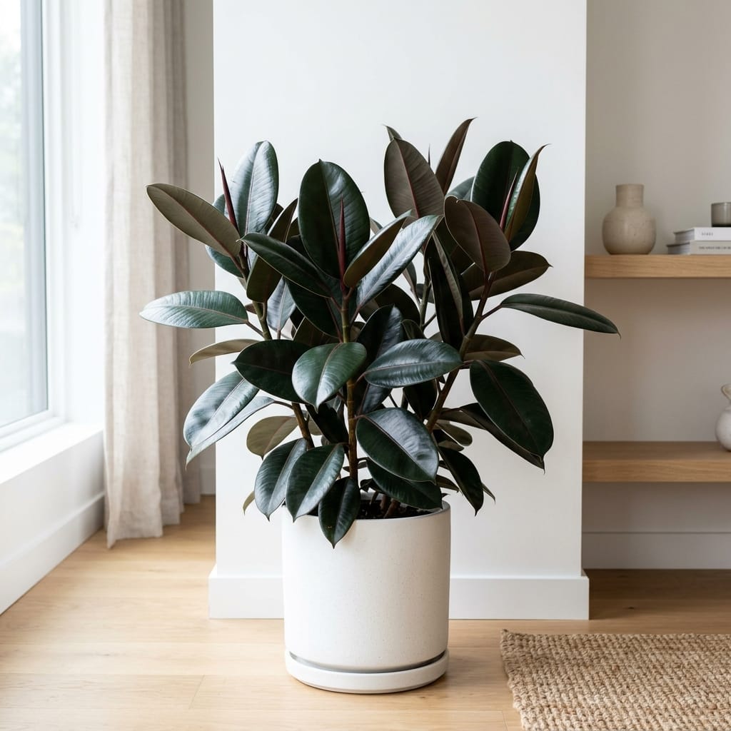 A healthy rubber plant with thick glossy dark green leaves