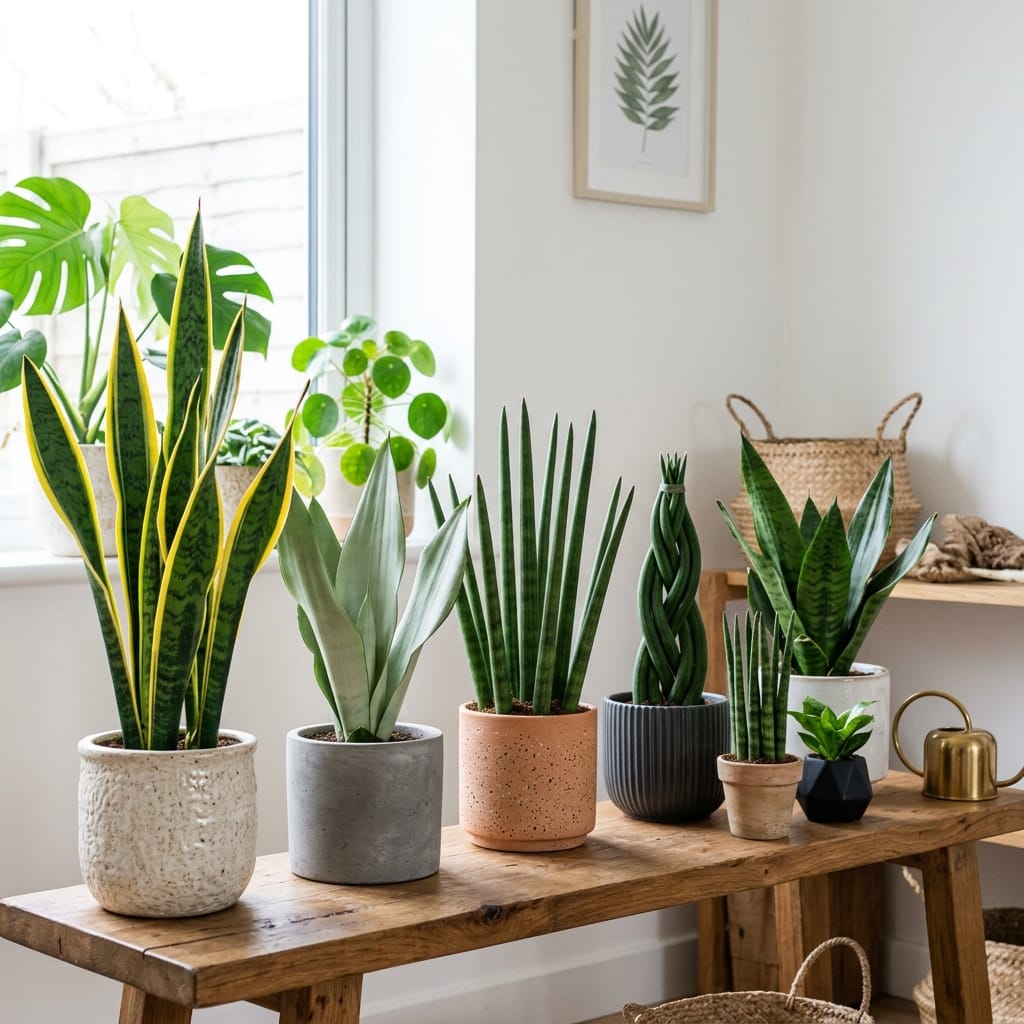 Snake plant varieties on a shelf