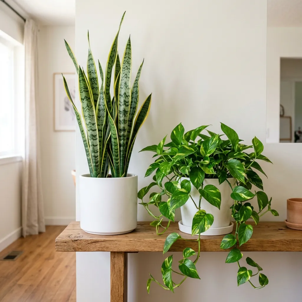 A snake plant in a white pot next to a trailing golden pothos on a wooden shelf