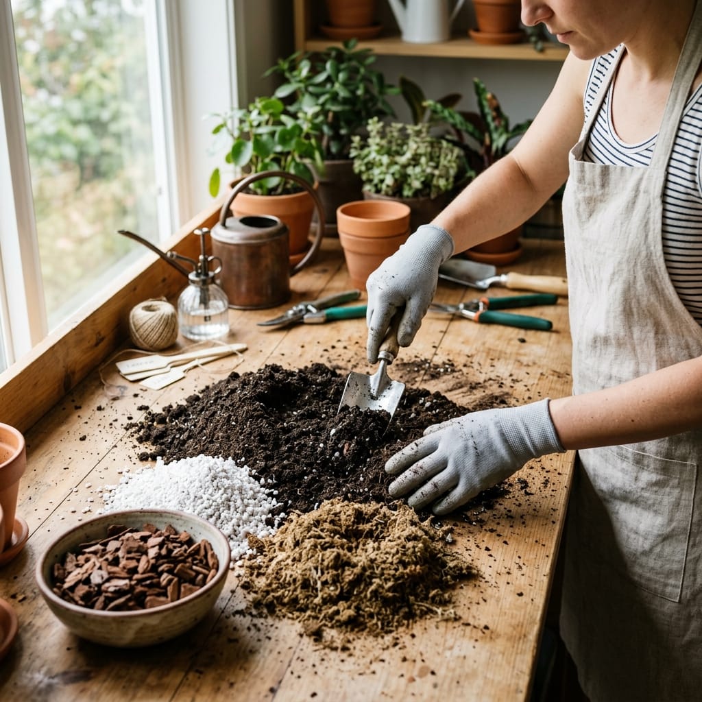 Hands mixing potting soil components including perlite, peat moss, and bark