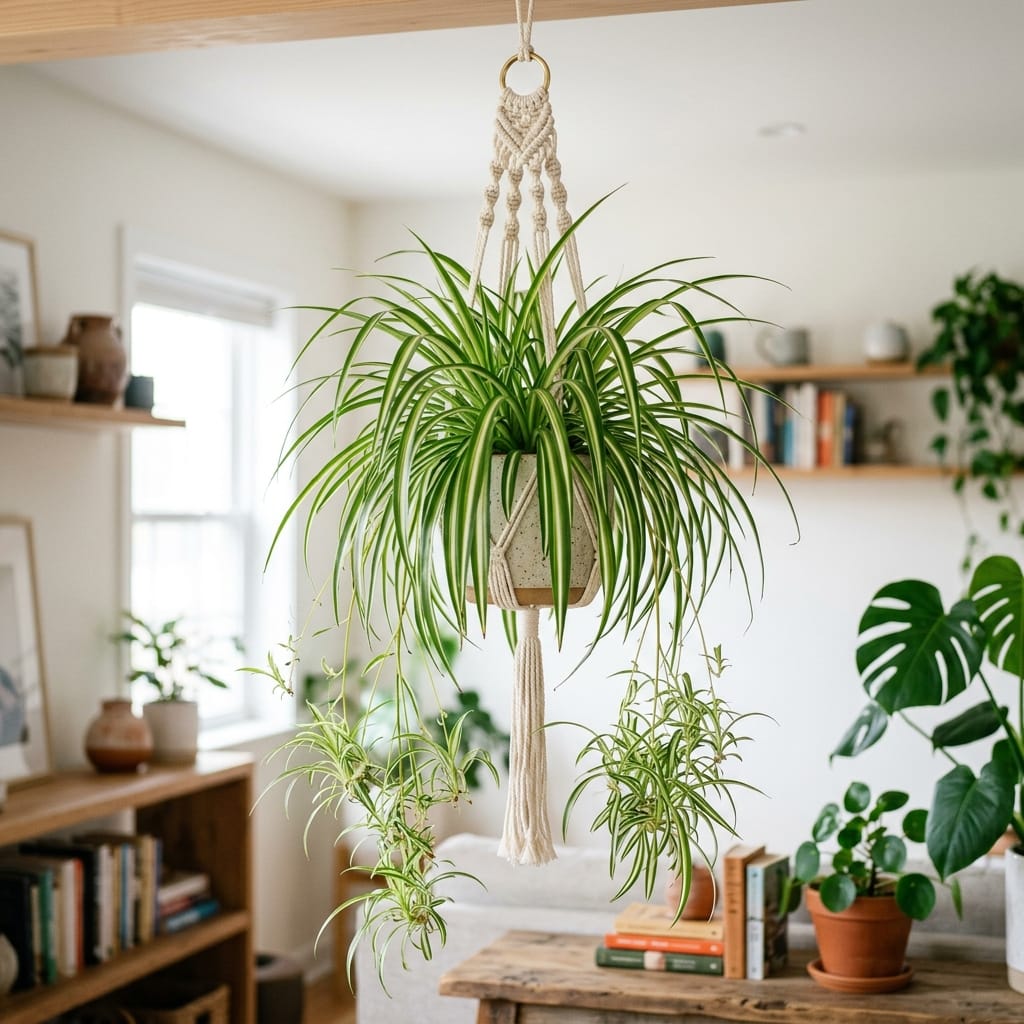 A lush spider plant with babies hanging from runners in a macrame planter