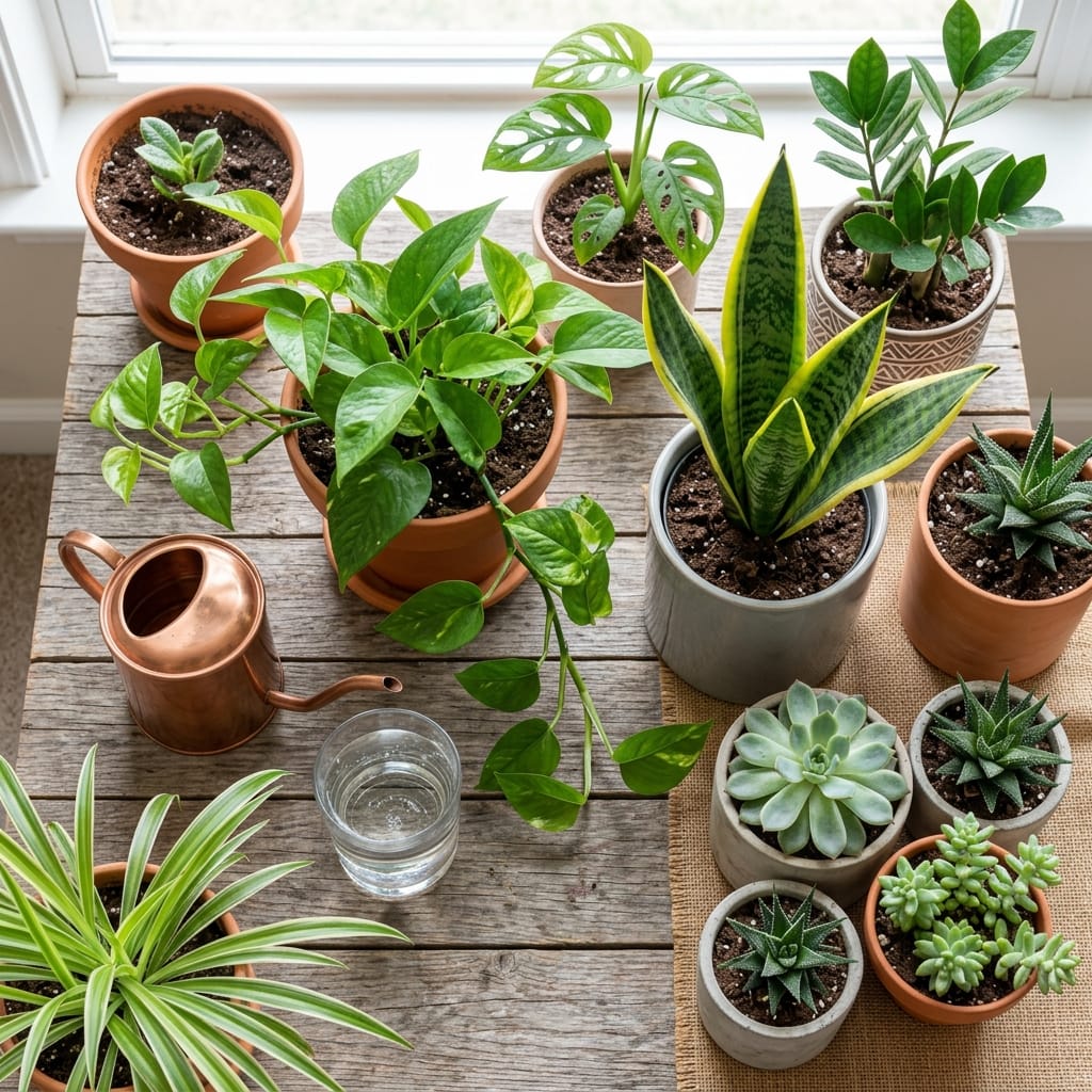 Various indoor plants on a table with a watering can and glass of water