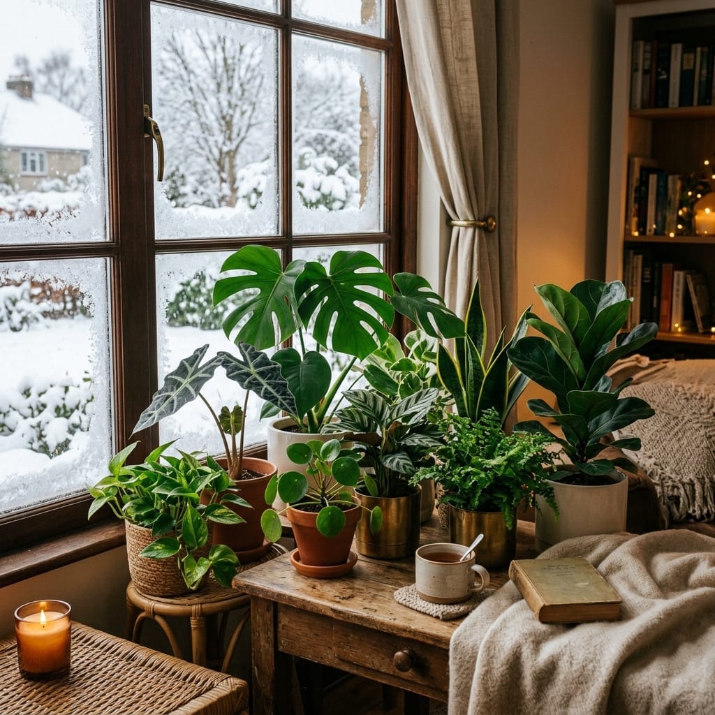 Houseplants near a winter window