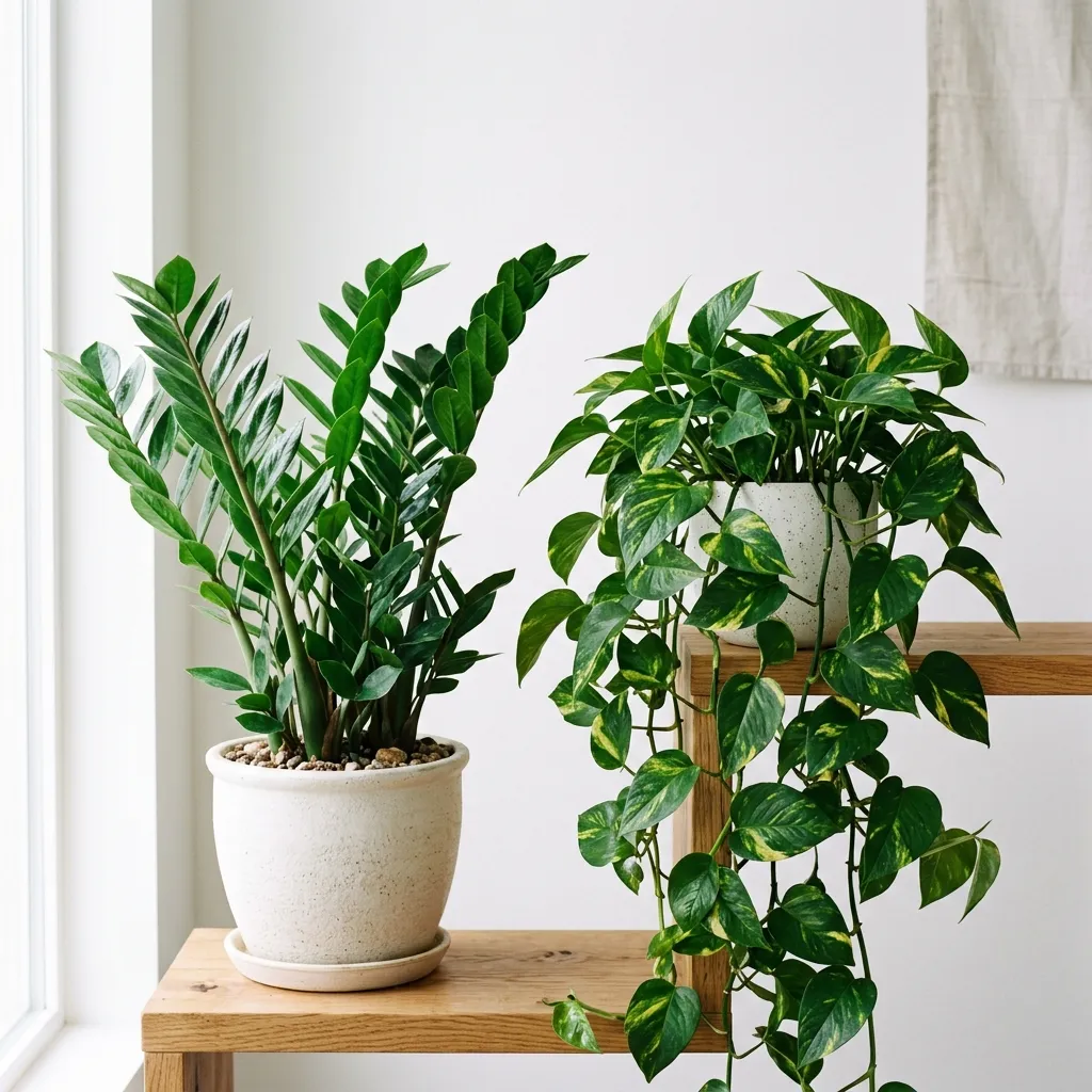 A ZZ plant with glossy dark leaves next to a golden pothos in a bright room